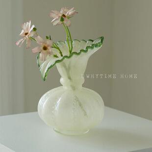 无为时间馆 奶玉芬顿皱褶口大号瓜珠手工琉璃花瓶法式覆古摆件