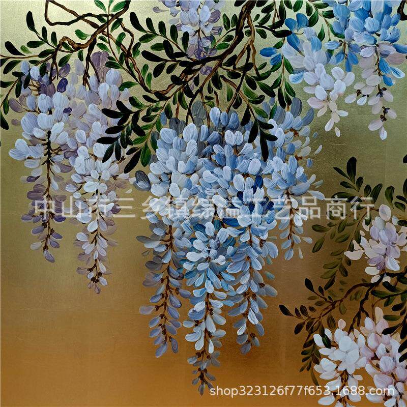 金箔屏风手绘紫藤花客厅别墅办公室沙发背景装饰折叠屏风紫气东来