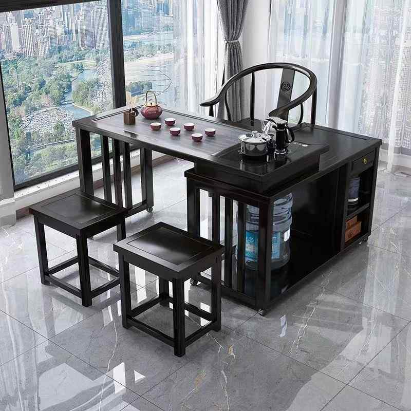 新款黑檀色实木茶家小户型阳台中式用移动功夫茶新几小空间旋桌转