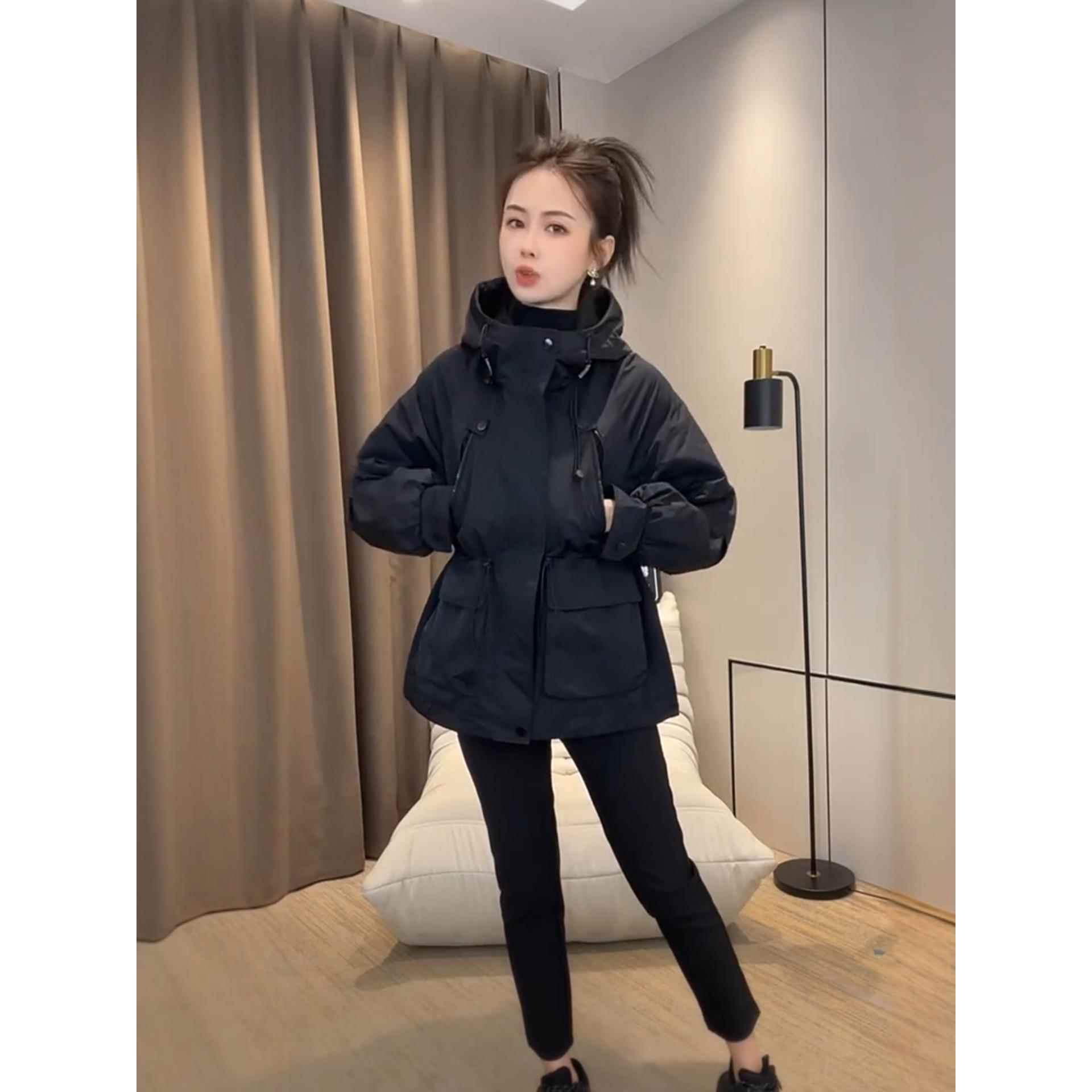 冲锋衣外套女中长款2025秋季新款小个子宽松休闲工装连帽收腰风衣