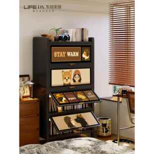 书柜收纳柜一体靠墙带门储物柜客厅儿童书架落地钢制置物架中古风