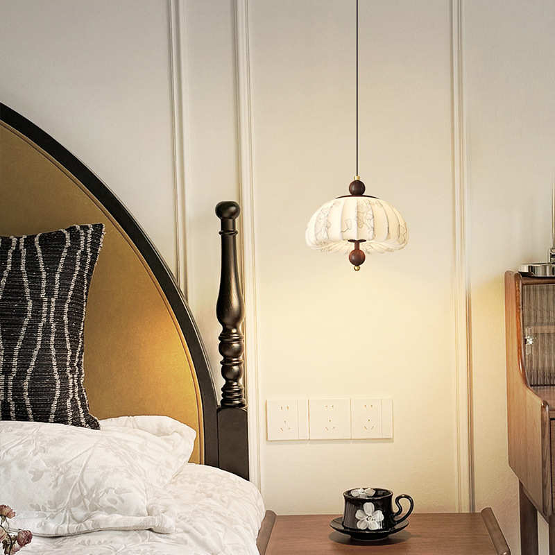 灯具奶油灯床头过道木艺中古宋小法式中山布艺吊灯饰美学家装式