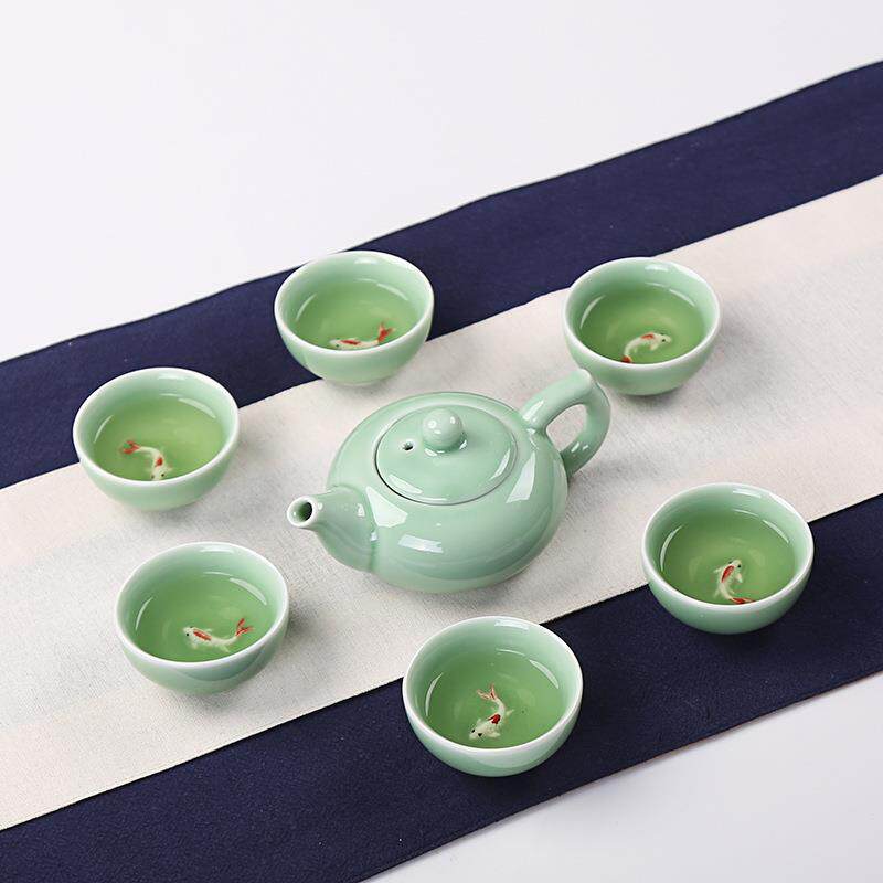 厂家青瓷茶具套装鲤鱼7头茶杯茶壶整套功夫德化陶瓷礼品公司logo