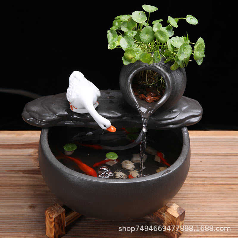 简约循环桌面办公喷泉流水鱼缸摆件陶瓷加湿器古法生态养鱼过滤氧