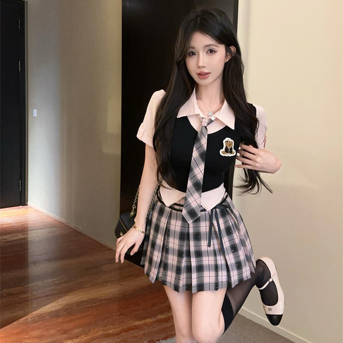 夏季新款学院风制服辣妹套装撞色假两件领带上衣高腰百褶半身裙