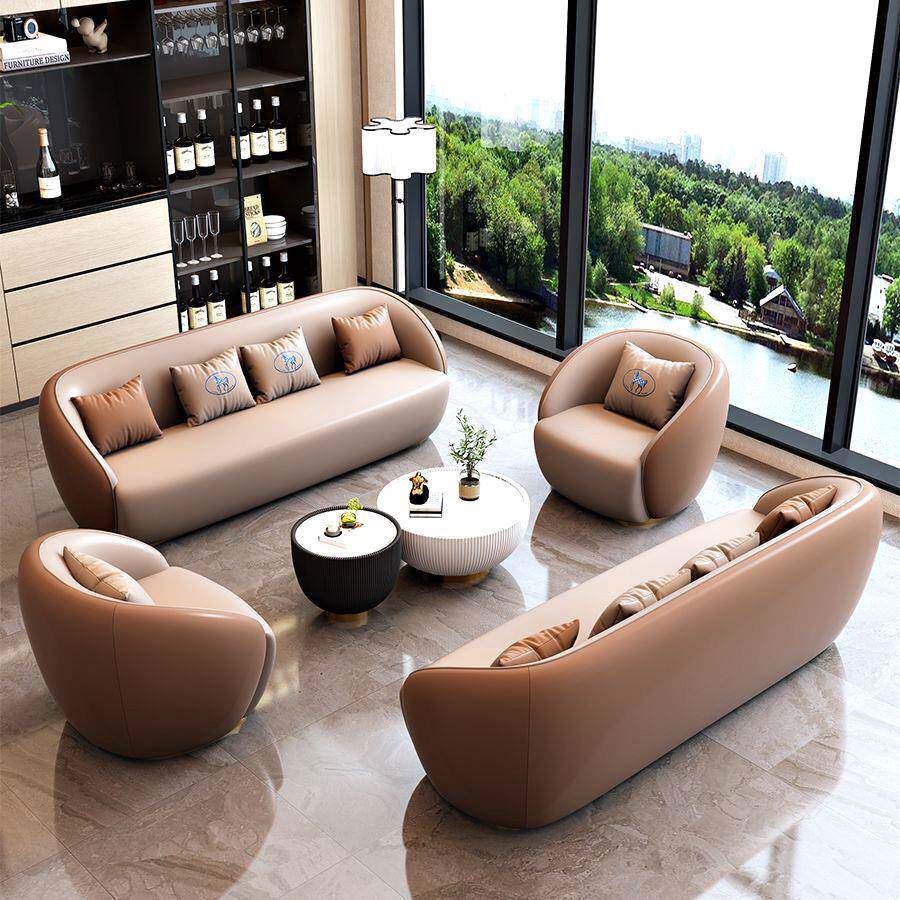 酒店大堂会客沙发办公展厅接待洽谈沙发茶几轻奢皮艺三人位沙发