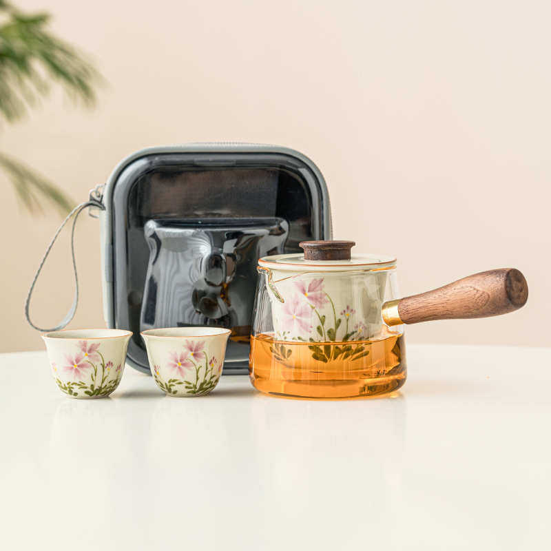 小雏菊手绘旅行茶具便携式陶瓷一壶两杯小套装中式玻璃茶具侧把壶,餐饮具,旅行茶具,淘宝优惠券,粉丝福利购,淘宝优惠卷
