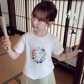 女童中国风刺绣上衣夏装，2024洋气女孩打底衫，儿童休闲短袖t恤
