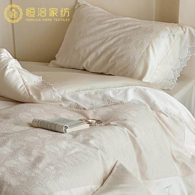 高端厚织双萃提花莱赛尔棉四件套轻奢风蕾丝烫钻被套床上用品白粉