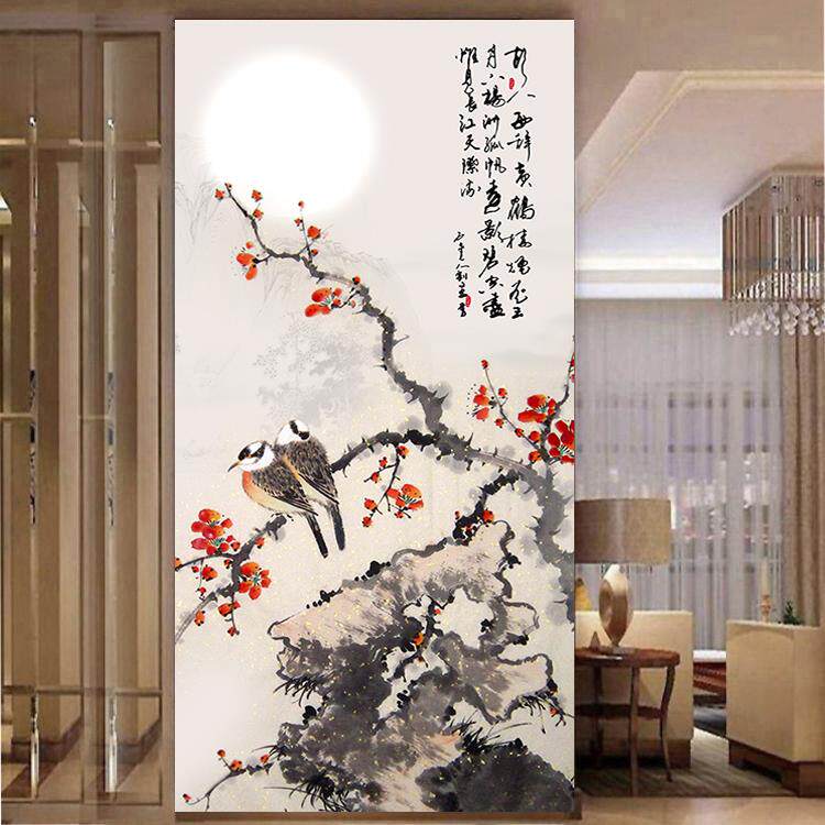 新中式水墨画梅花鸟竖版玄关装饰画山水画墙贴壁挂画自粘装饰海报