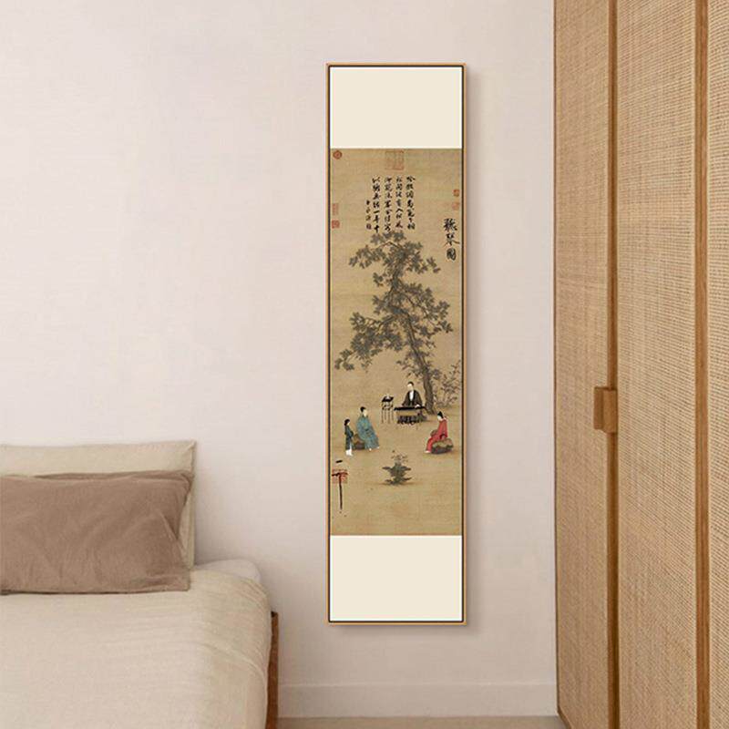 宋徽宗新中式竖版玄关装饰画茶室客厅书房挂画走廊过道壁画听琴图