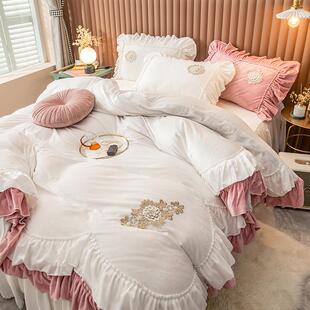 高档式 保暖欧珊瑚绒床上四件面套牛奶绒公主绒双毛绒床裙法 冬加季