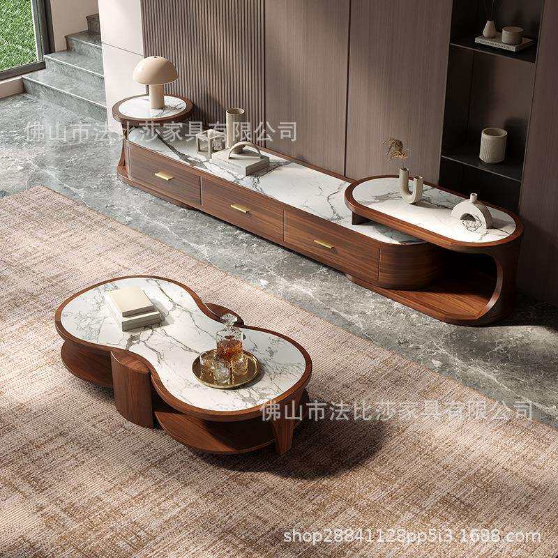 新中式乌金木岩板茶几电视柜组合现代简约客厅家用实木黑胡桃木色