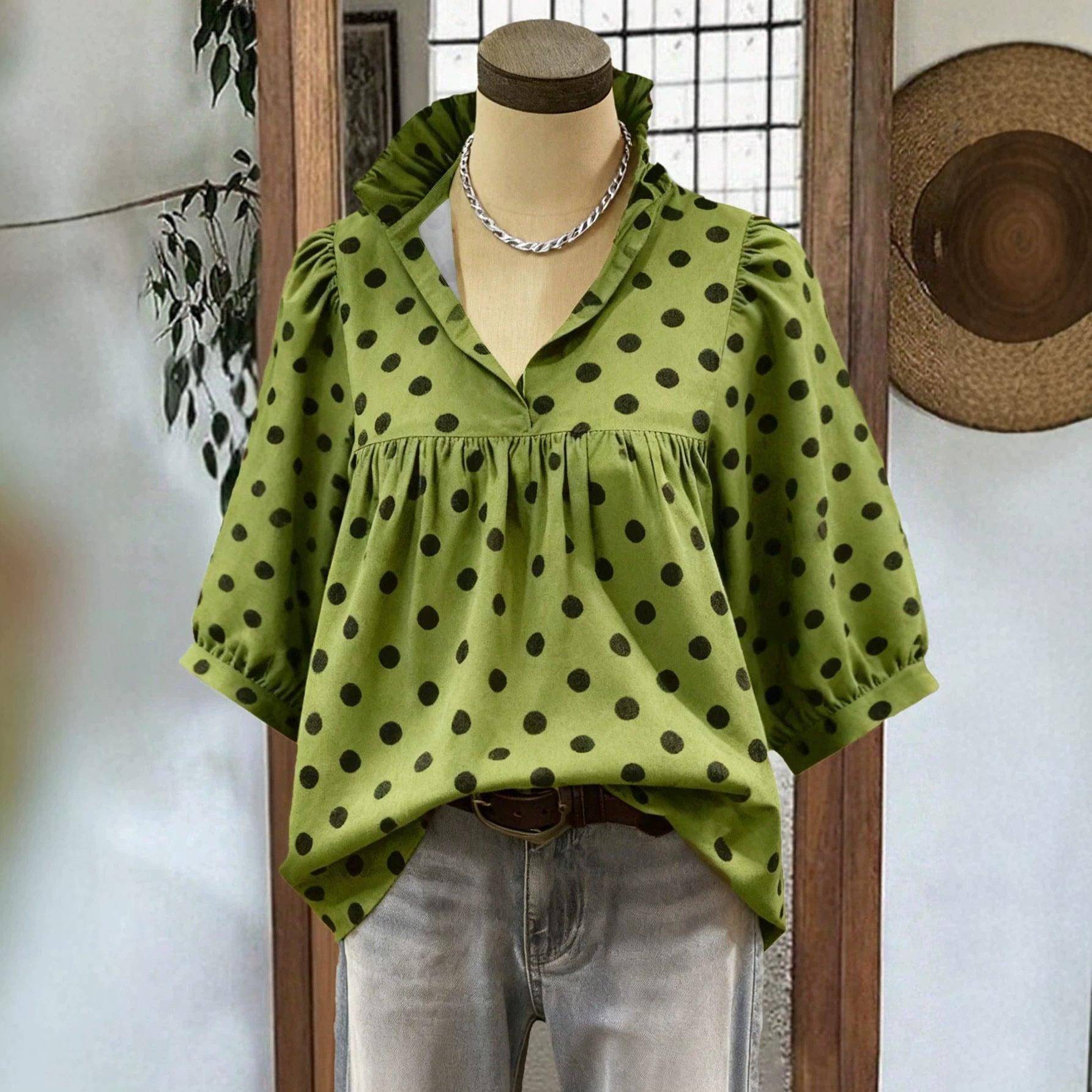 Women's Spring Summer Casual Olive Top, Polka Dot Pattern