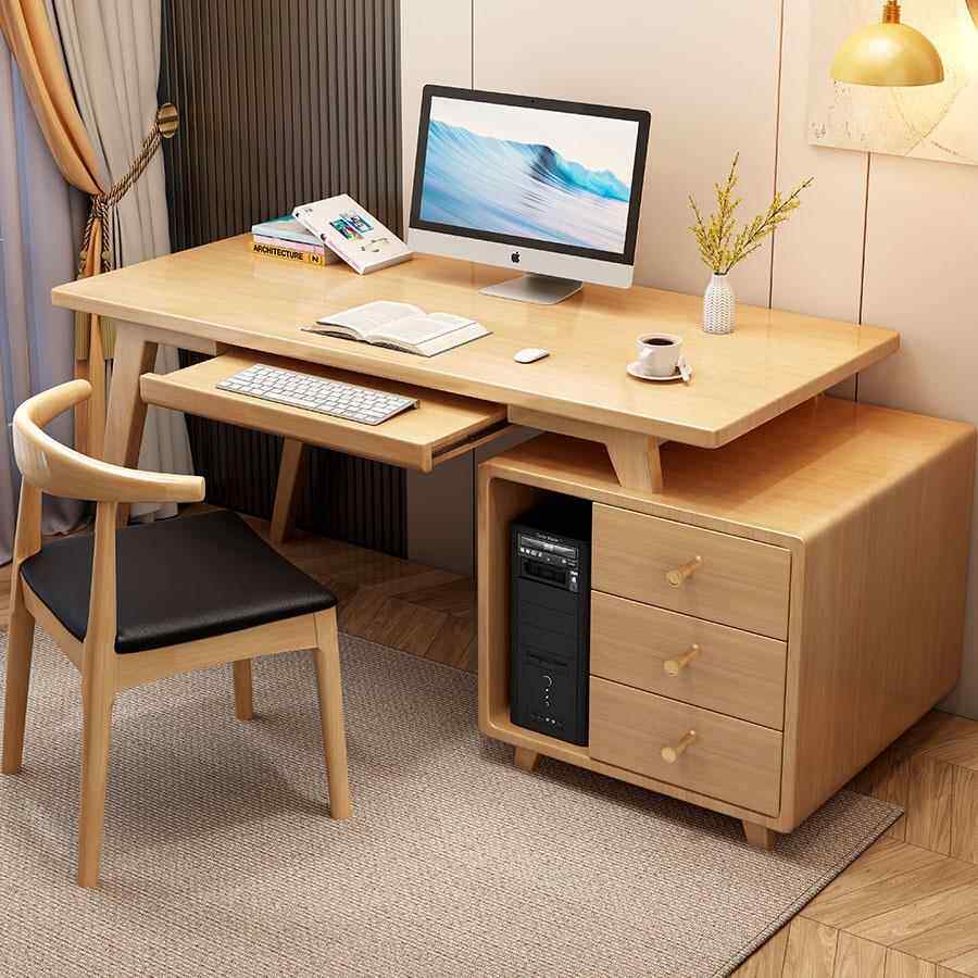 实木书桌书柜一体组合现代简约伸缩卧室家用带键盘办公台式电脑桌