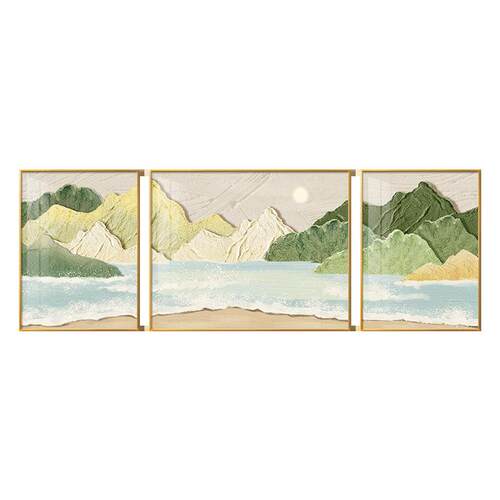 背有靠山客厅装饰画奶油侘寂风沙发背景墙挂画现代肌理山水三联画