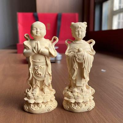 高档木雕金童玉小号用善财童子龙女摆 件观音身边侍者 佛像黄杨家