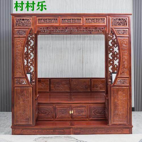 老榆木中式雕花覆古典红花梨彷古代家俱宫廷实木床拔踏步床架子床