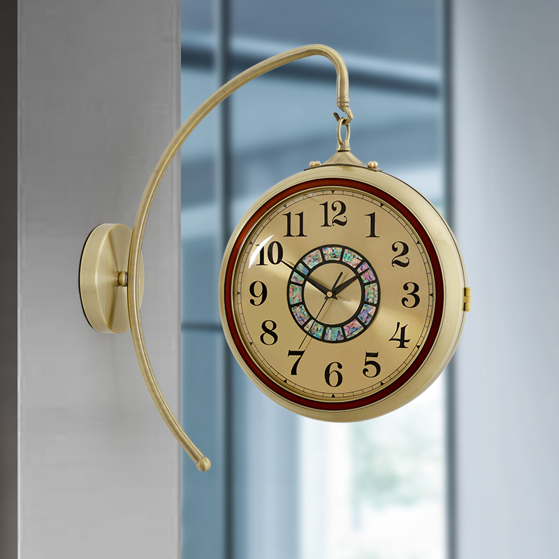 欧式复古轻奢双面挂钟客厅家用时尚创意装饰钟表美式静音时钟挂墙
