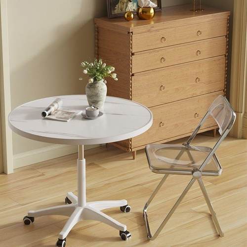 升降小圆桌可移动带滑轮卧室床边家用吃饭餐桌休闲商务洽谈办公桌