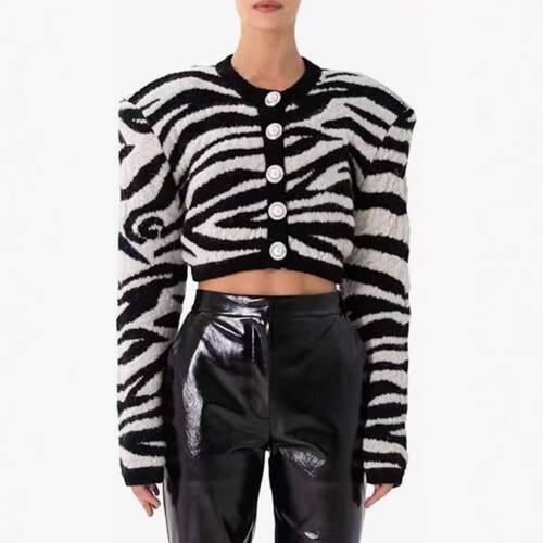 Knitted cardigan sweater striped black and white jacket