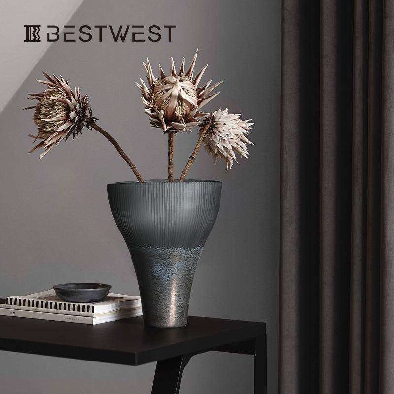 Best west 复古新中式磨砂玻璃花瓶摆件 家居客厅软装饰水培花器