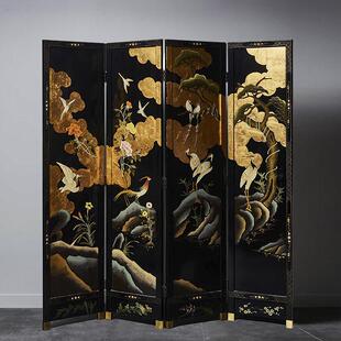 饰遮挡折叠 中古覆古屏风黑底花鸟小众折屏客厅隔断古典茶室玄关装
