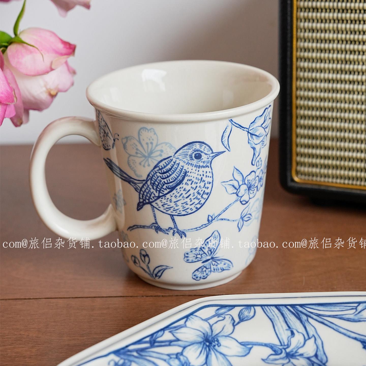 复古青花釉下彩喜鹊登梅陶瓷马克杯大容量家用水杯果汁杯泡茶中式