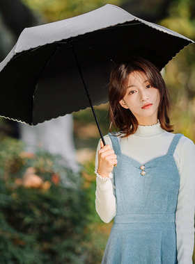 wpc现货三折手动日系金弯钩黑胶防晒伞晴雨两用防晒伞遮阳伞批发