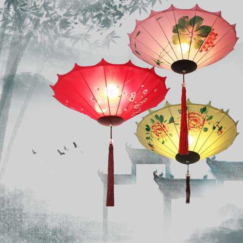 新中式灯笼复古异形发光布艺手绘飞碟创意酒店火锅古典饭店户外