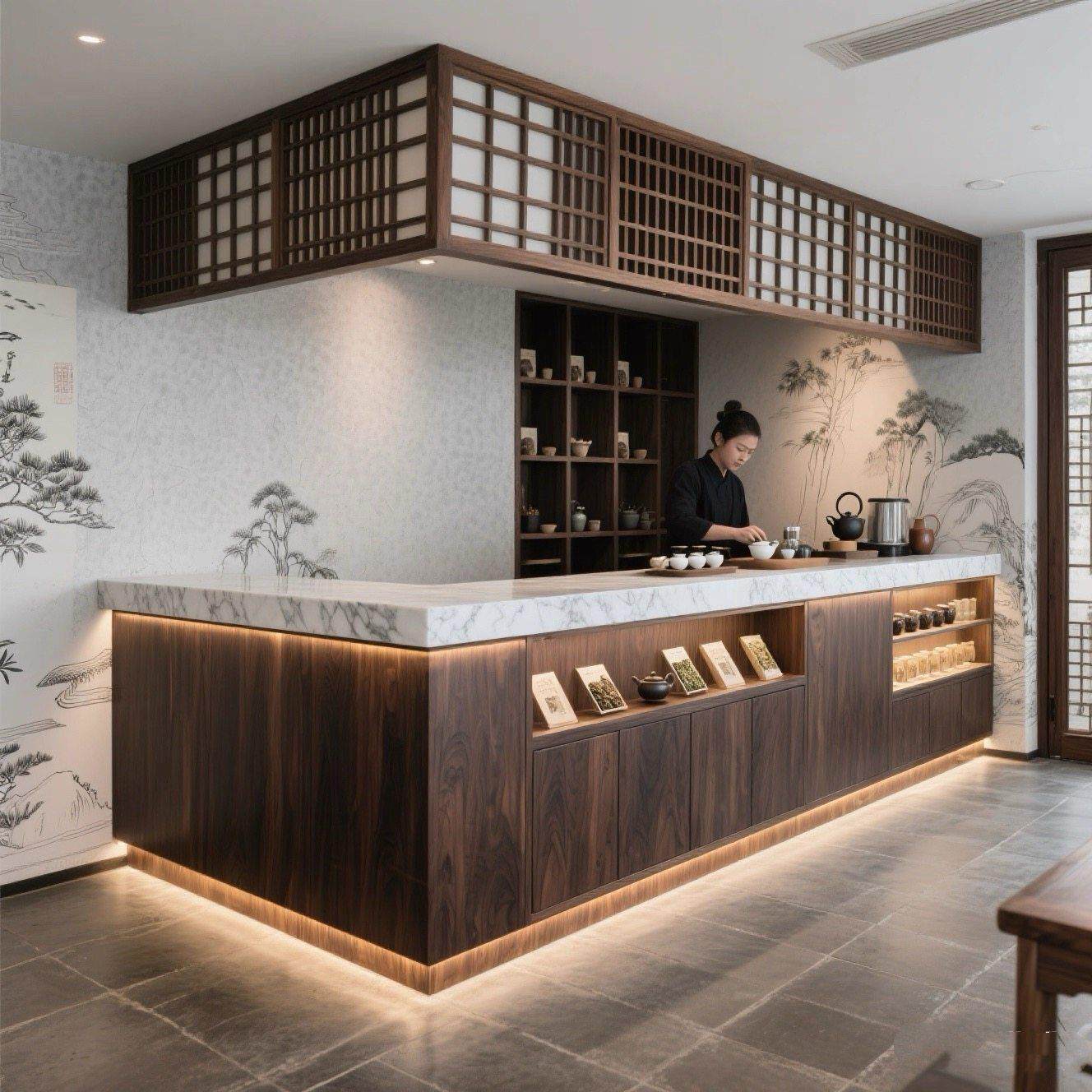 新中式茶楼吧台接待台覆古名宿收银台餐厅前台农家乐柜台胡桃木色