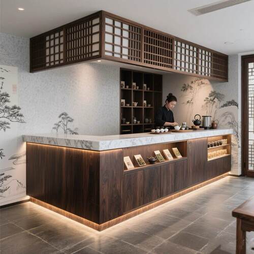 新中式茶楼吧台接待台覆古名宿收银台餐厅前台农家乐柜台胡桃木色