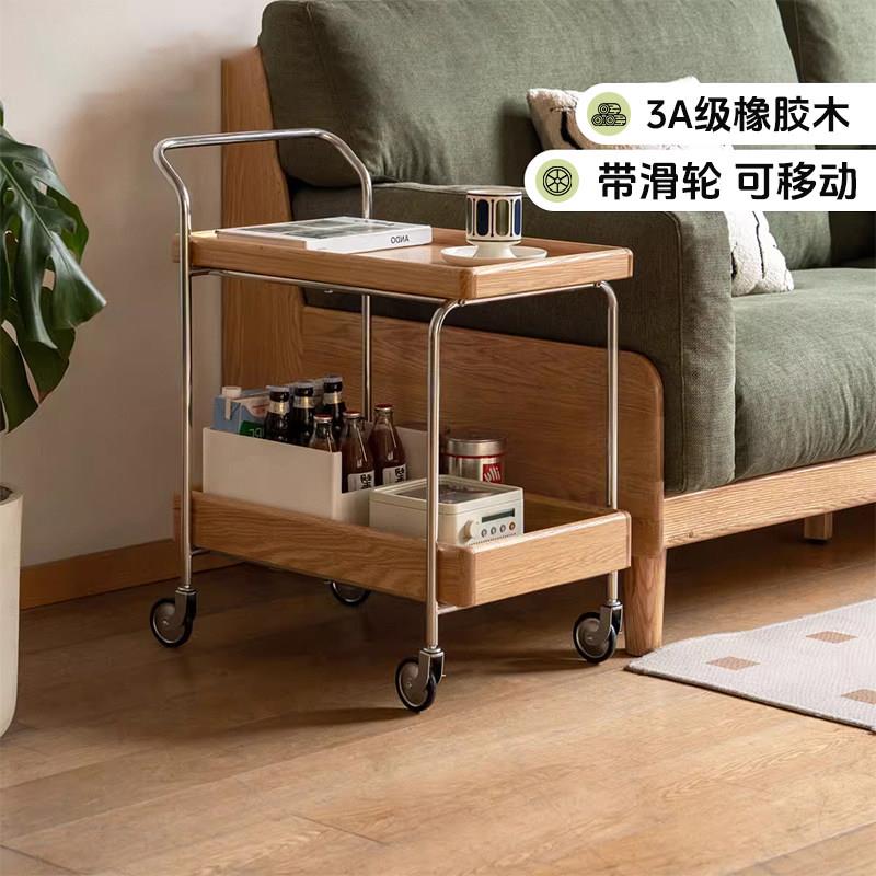 实木边几置物架现代简约餐车双层收纳小茶几橡木小户型移动小推车