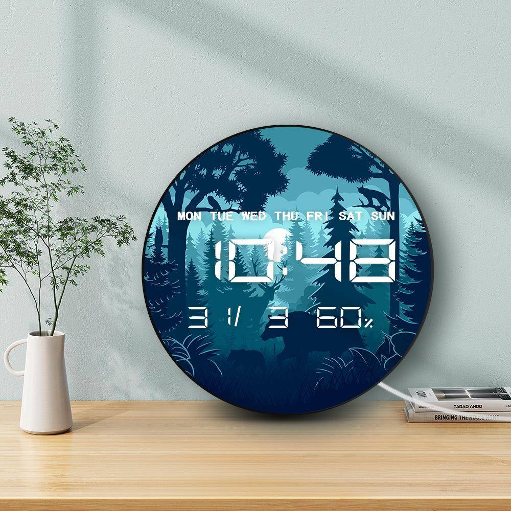 夜色下树林中的熊简约挂钟电子多功能家用时钟带温度湿度静音墙钟