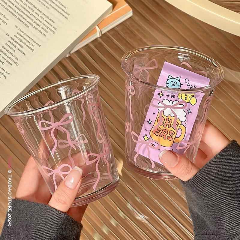 ins风玻璃杯粉色蝴蝶结少女心可爱杯子家用喝水饮料高颜值咖啡杯