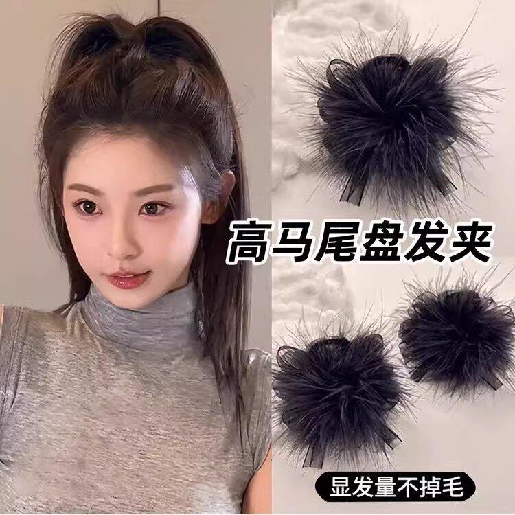 黑色羽毛高马尾抓夹高级感不掉毛鲨鱼夹小号发夹女后脑勺2025新款