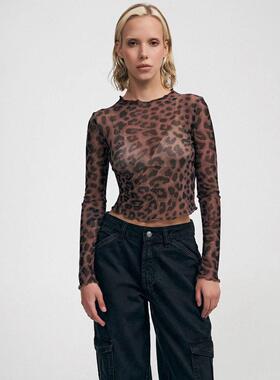 Sexy leopard print mesh printed T-shirt top for women