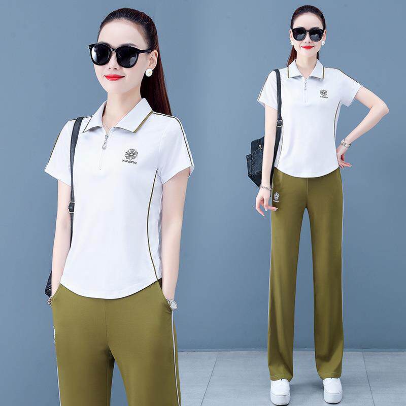 时尚运动服套装女夏季2023年新款韩版洋气翻领薄款短袖休闲两件套