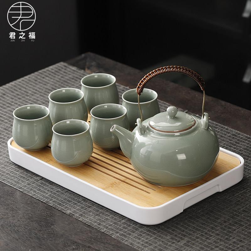 哥窑冰裂开 片提梁壶茶具套组陶瓷大容量茶壶茶杯整套家用带过滤