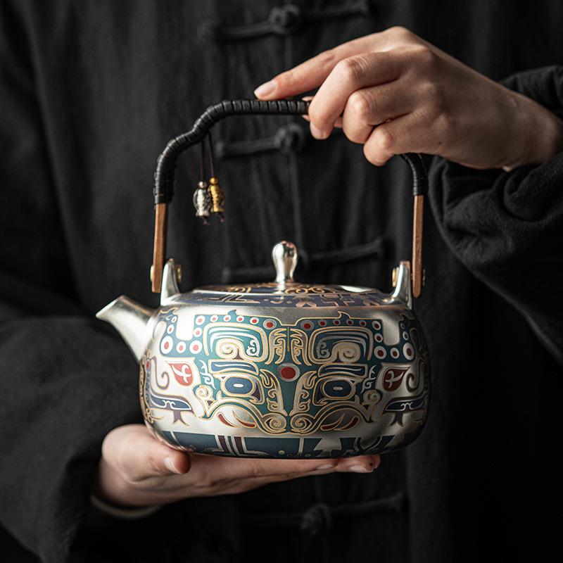 郑文强敦煌干烧银壶手工满鎏家用煮茶壶围炉提梁壶功夫茶具礼盒装