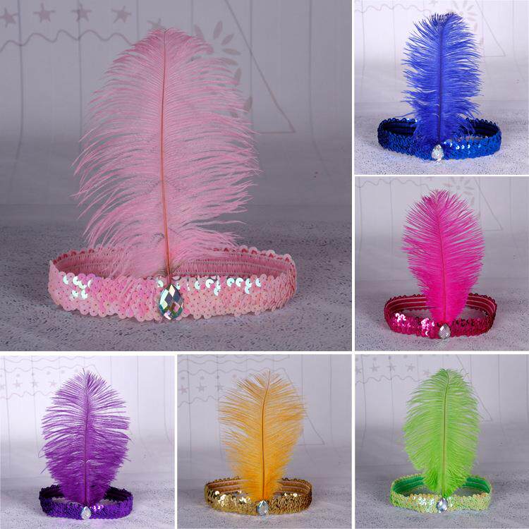 现货鸵鸟毛头饰亮片镶钻发带印第安表演道具儿童头带彩色羽毛头带