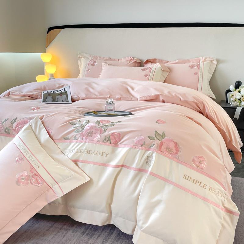 秋冬季A类长绒棉全棉磨毛四件套轻奢纯棉刺绣被套床单床笠四件套