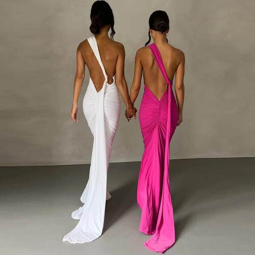 Women's Plain Ruched O-ring Backless Halter Neck Sleeveless