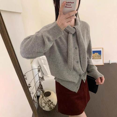 韩系温柔风软糯舒适减龄针织衫纯色精致长袖小香风慵懒风上衣外套
