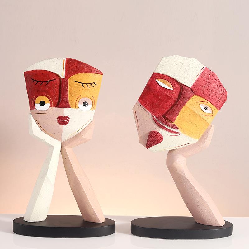 创意情侣几何脸谱工艺品树脂摆件抽象人脸雕塑客厅家居酒柜装饰品