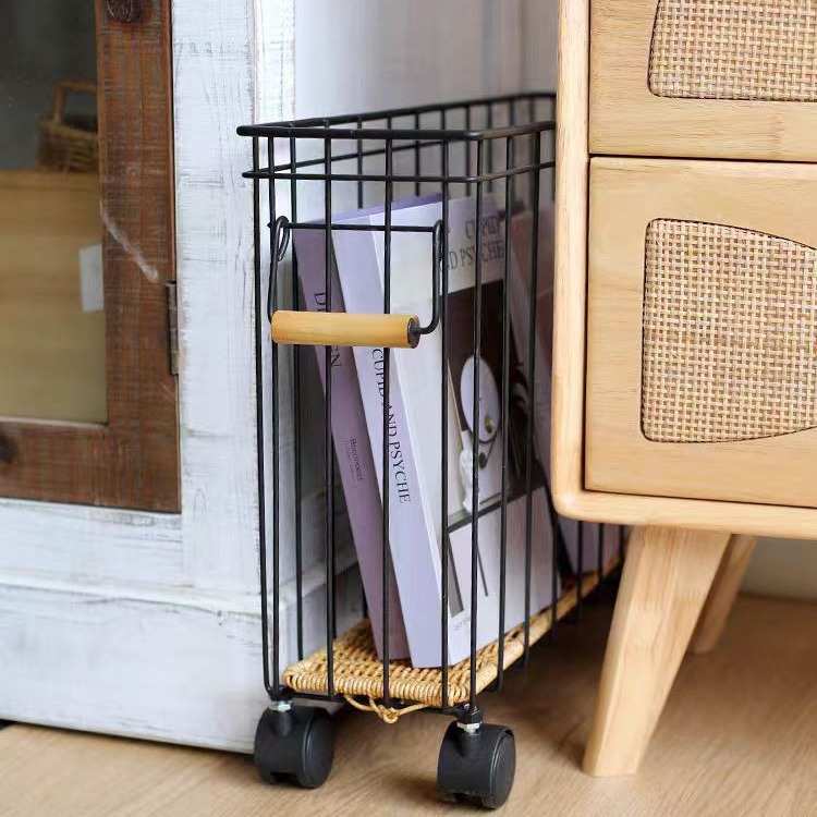 编织铁艺窄形夹缝客厅杂志筐长条缝隙茶几边置物篮带轮子