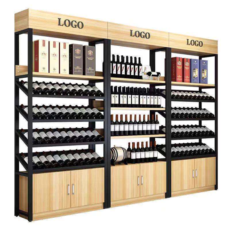 红酒架展示架超市酒行酒庄商用落地酒架置物架钢木货架展示柜