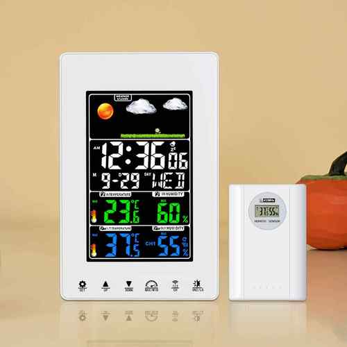 热卖彩象钟色LD气预报无线传输酒窑车库冷藏花园监RPH测C温湿钟