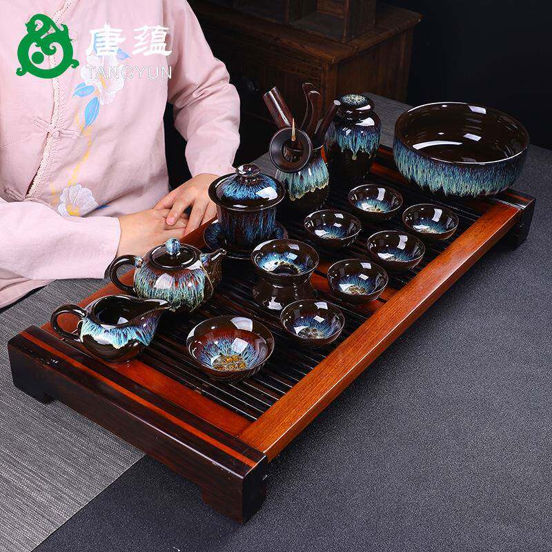 金沙茶具套装家用钧窑陶瓷天目釉窑变自动石磨茶壶功夫茶杯