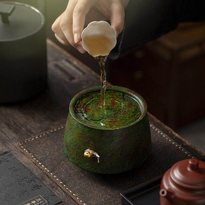 老铁漆器绿茶渣家用陶瓷禅意贴花中式复古茶具配件紫砂壶带盖水盂